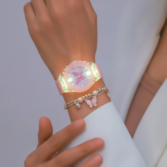 LumiFly Girls Butterfly Watch Set – LED Glow Quartz Watch with Matching Bracelet