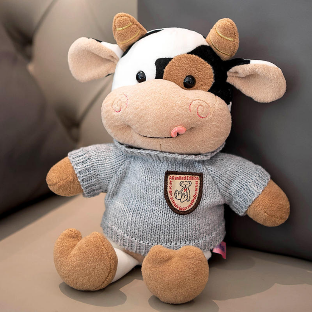 CowCuddle Dressed-Up Cow Plush Toy with Knit Jumper & Bag
