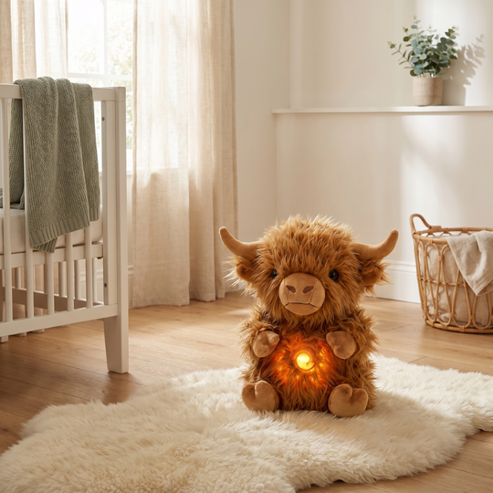 CozyCow Breathing Highland Cow Sleep Soother – Light & Sound Plush