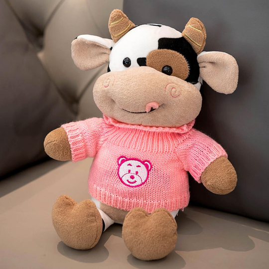 CowCuddle Dressed-Up Cow Plush Toy with Knit Jumper & Bag