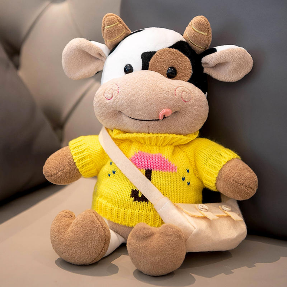 CowCuddle Dressed-Up Cow Plush Toy with Knit Jumper & Bag