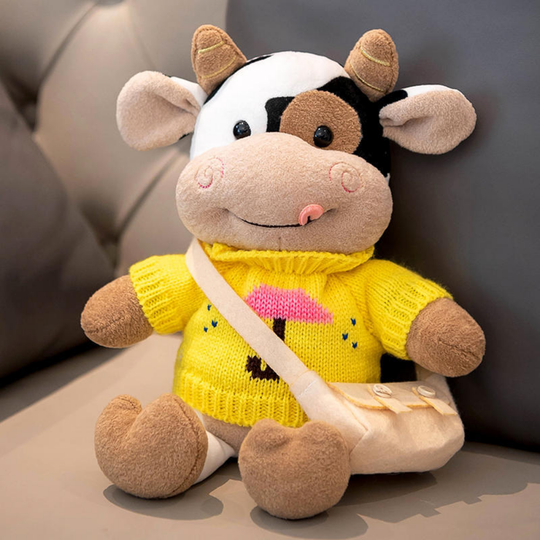 CowCuddle Dressed-Up Cow Plush Toy with Knit Jumper & Bag