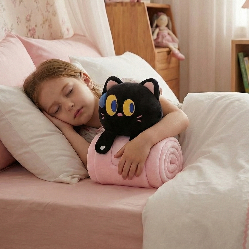 Saara Shy Black Cat Plush Toy – Soft Stuffed Animal for Kids with Blanket