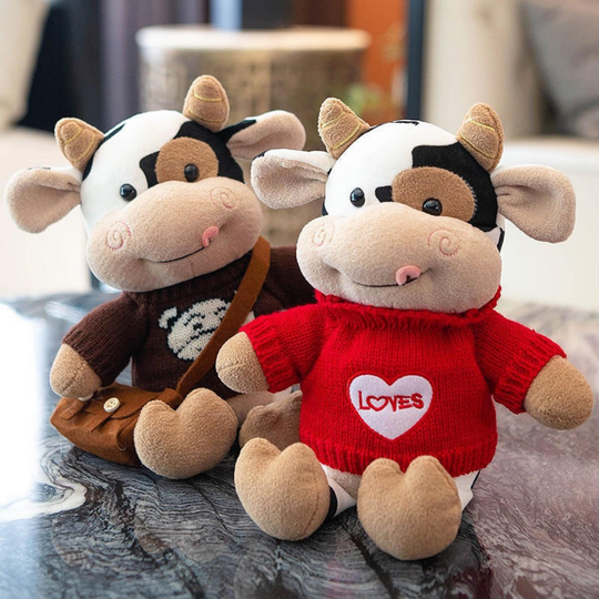 CowCuddle Dressed-Up Cow Plush Toy with Knit Jumper & Bag