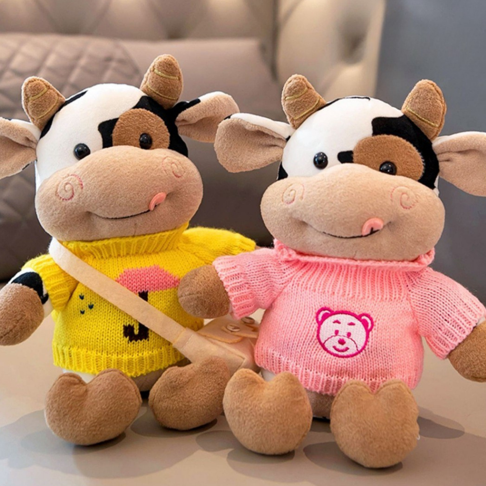 CowCuddle Dressed-Up Cow Plush Toy with Knit Jumper & Bag