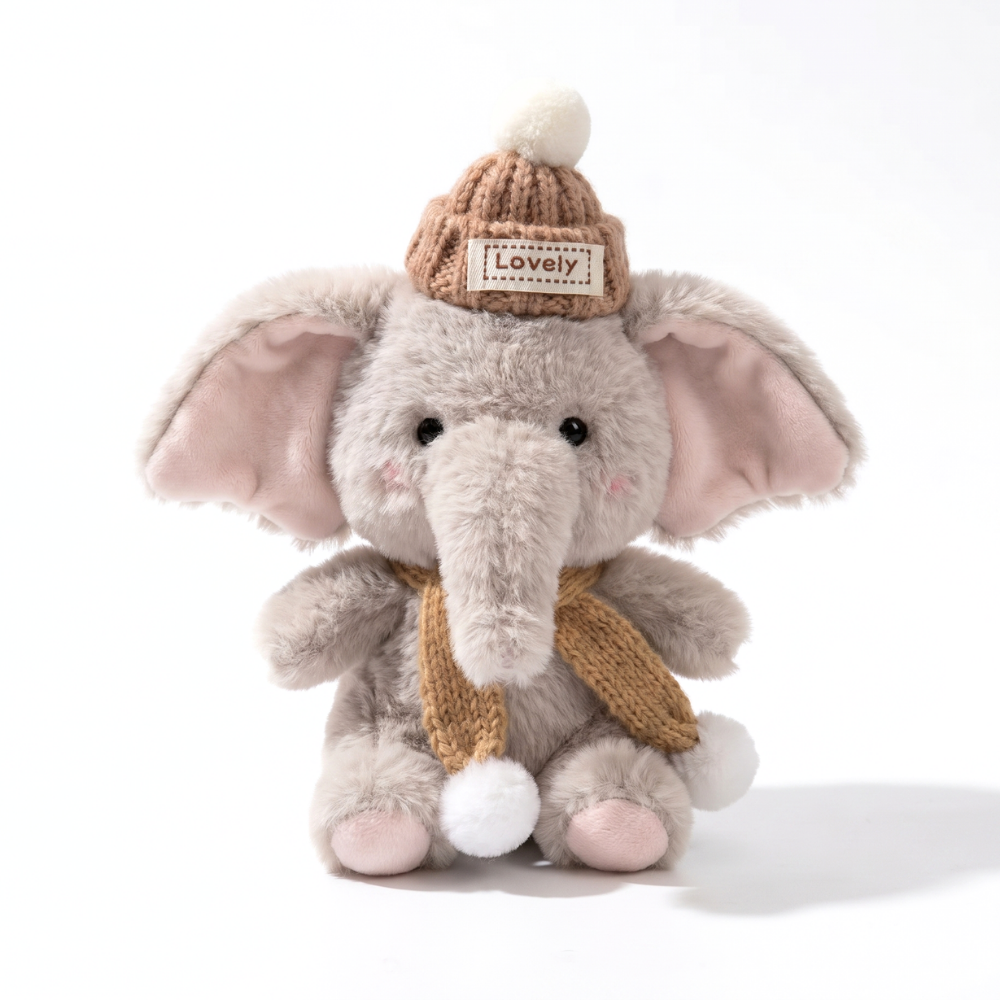 EleCuddle Winter Elephant Plush Keychain – Cosy Knitted Hat & Scarf Bag Charm