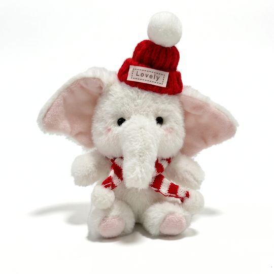 EleCuddle Winter Elephant Plush Keychain – Cosy Knitted Hat & Scarf Bag Charm