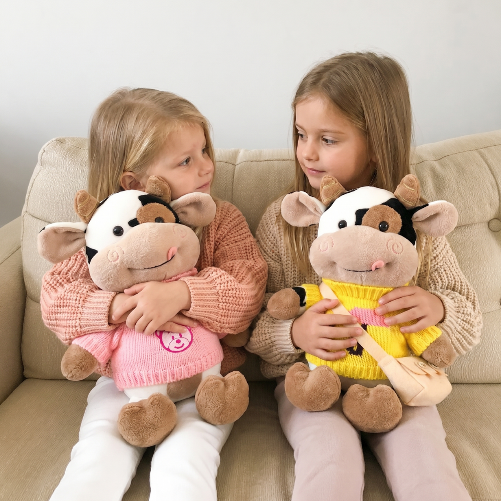 CowCuddle Dressed-Up Cow Plush Toy with Knit Jumper & Bag