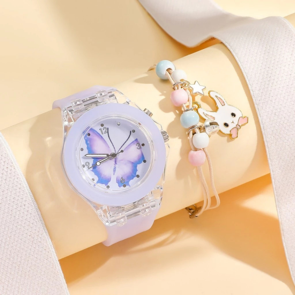 LumiFly Girls Butterfly Watch Set – LED Glow Quartz Watch with Matching Bracelet