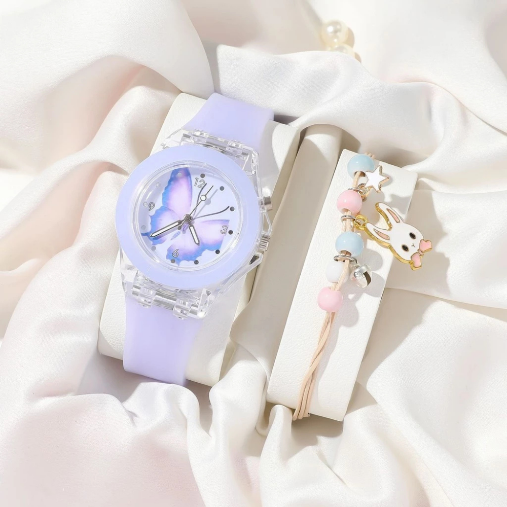 LumiFly Girls Butterfly Watch Set – LED Glow Quartz Watch with Matching Bracelet