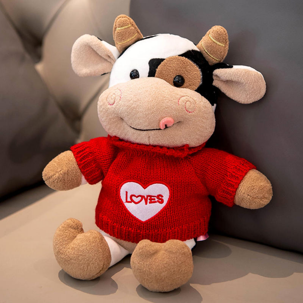 CowCuddle Dressed-Up Cow Plush Toy with Knit Jumper & Bag