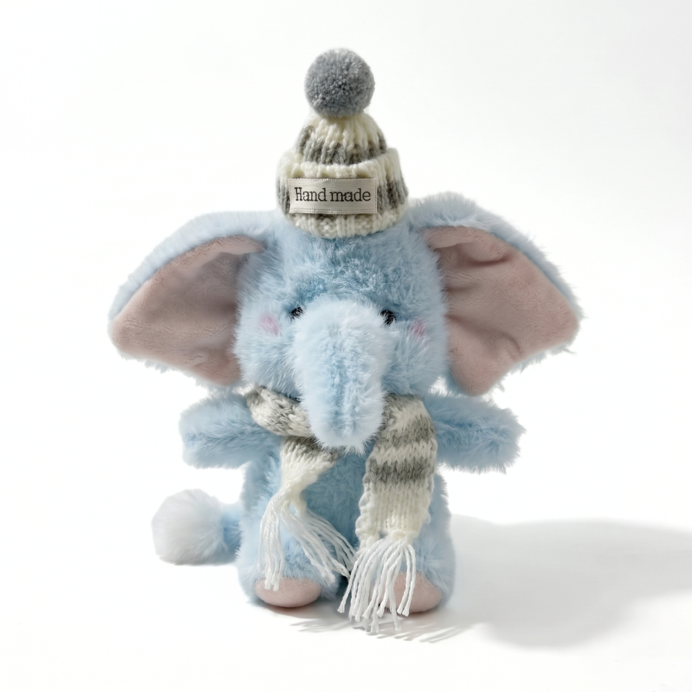EleCuddle Winter Elephant Plush Keychain – Cosy Knitted Hat & Scarf Bag Charm