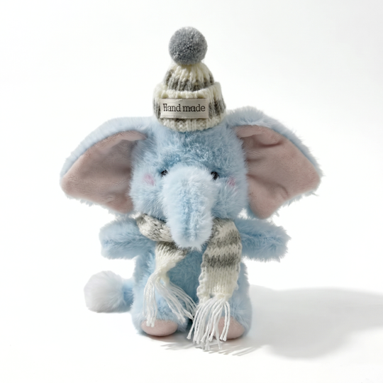 EleCuddle Winter Elephant Plush Keychain – Cosy Knitted Hat & Scarf Bag Charm