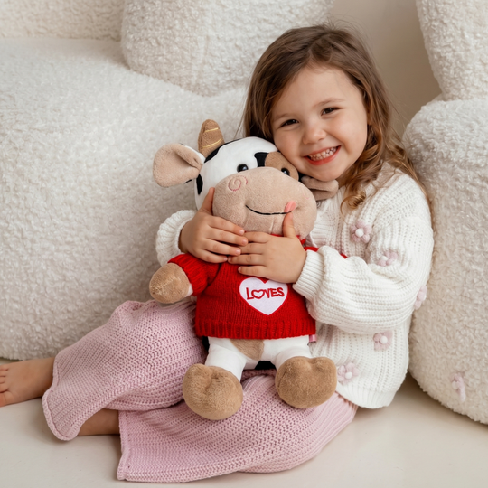 CowCuddle Dressed-Up Cow Plush Toy with Knit Jumper & Bag