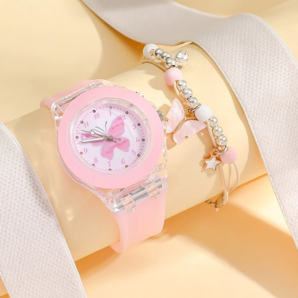 LumiFly Girls Butterfly Watch Set – LED Glow Quartz Watch with Matching Bracelet