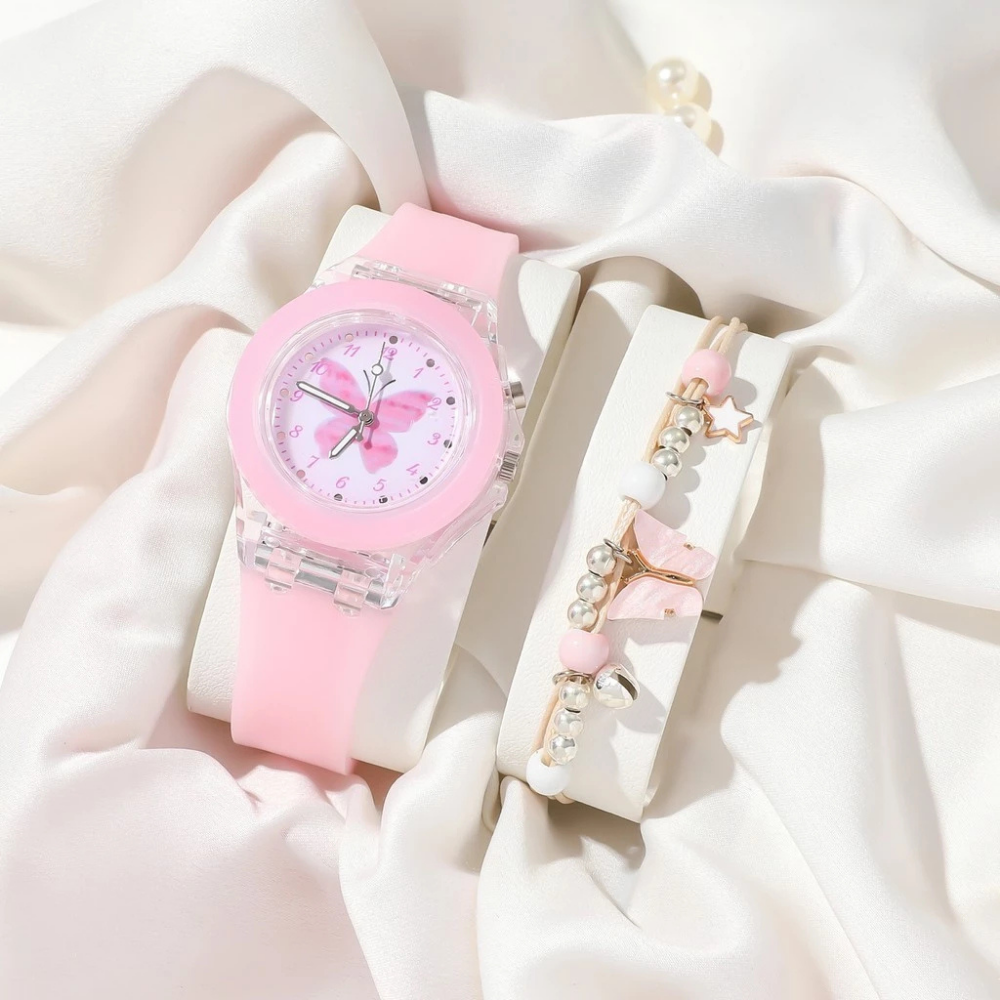 LumiFly Girls Butterfly Watch Set – LED Glow Quartz Watch with Matching Bracelet