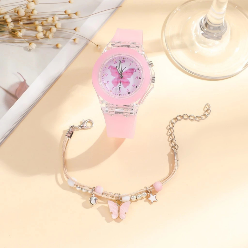 LumiFly Girls Butterfly Watch Set – LED Glow Quartz Watch with Matching Bracelet