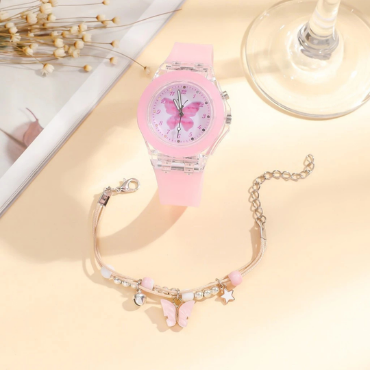 LumiFly Girls Butterfly Watch Set – LED Glow Quartz Watch with Matching Bracelet