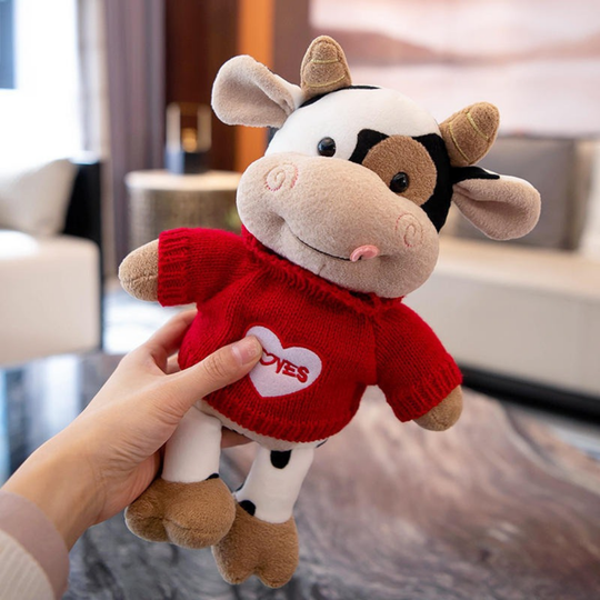 CowCuddle Dressed-Up Cow Plush Toy with Knit Jumper & Bag