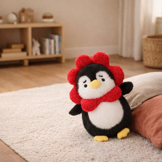 Felix Red Flower Penguin Plush Toy – Soft Stuffed Toy for Kids & Toddlers