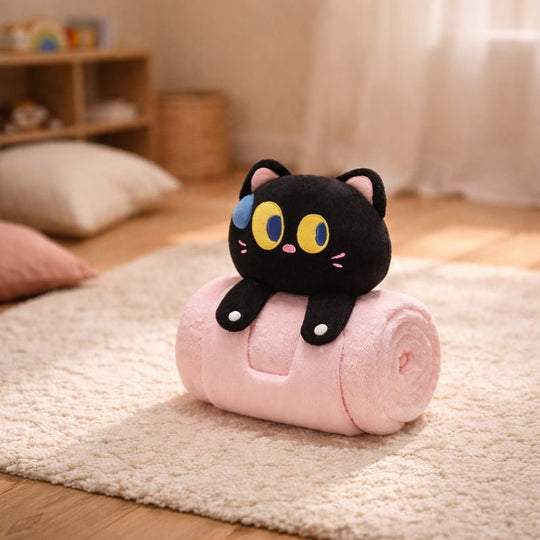 Saara Shy Black Cat Plush Toy – Soft Stuffed Animal for Kids with Blanket